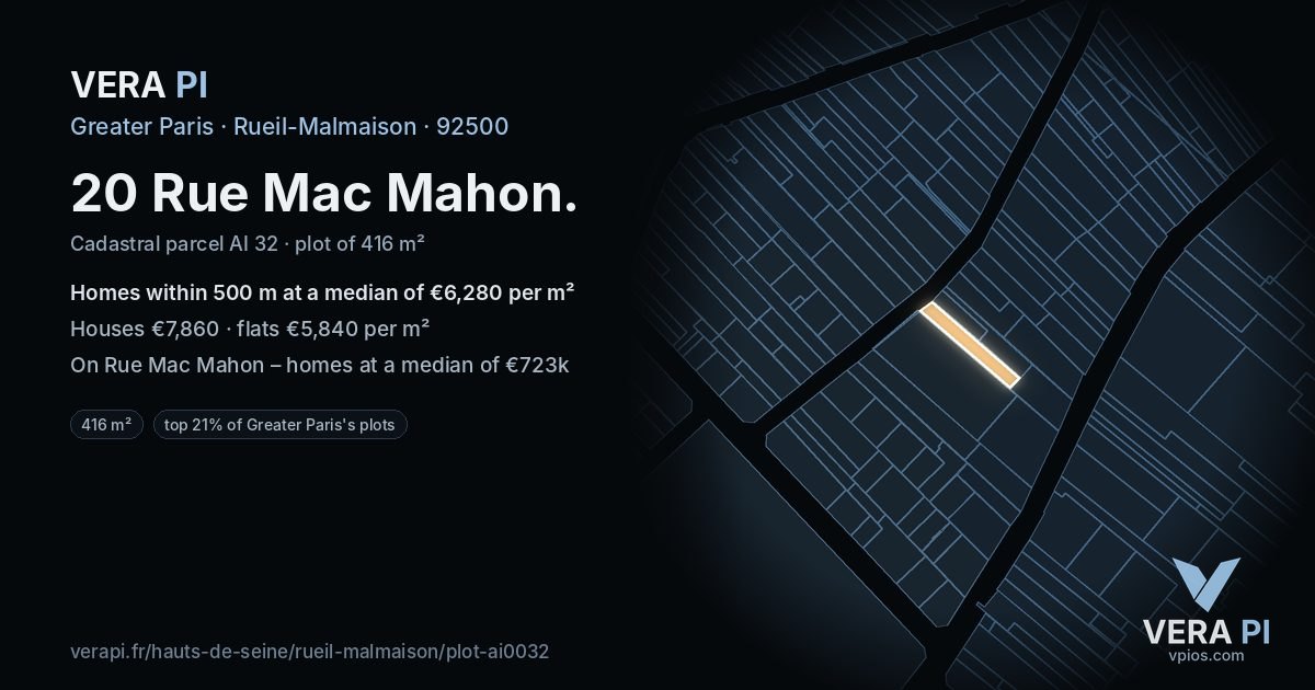 20 Rue Mac Mahon, Rueil-Malmaison at night – the plot lit, the parcels around coloured by the prices near them