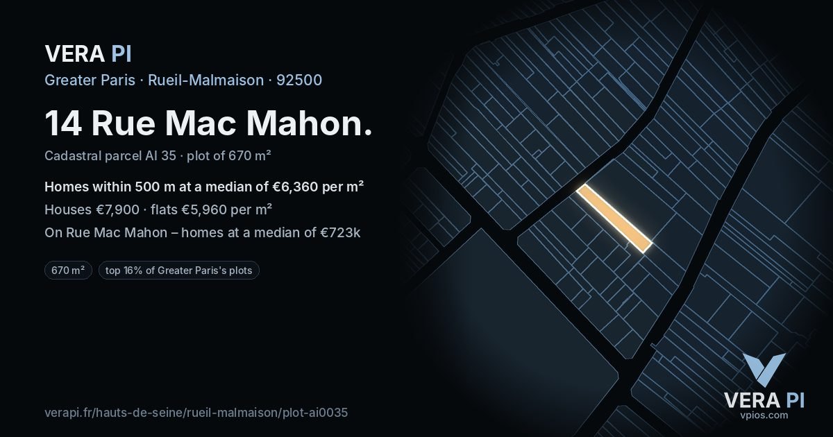 14 Rue Mac Mahon, Rueil-Malmaison at night – the plot lit, the parcels around coloured by the prices near them