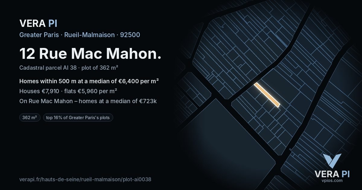 12 Rue Mac Mahon, Rueil-Malmaison at night – the plot lit, the parcels around coloured by the prices near them