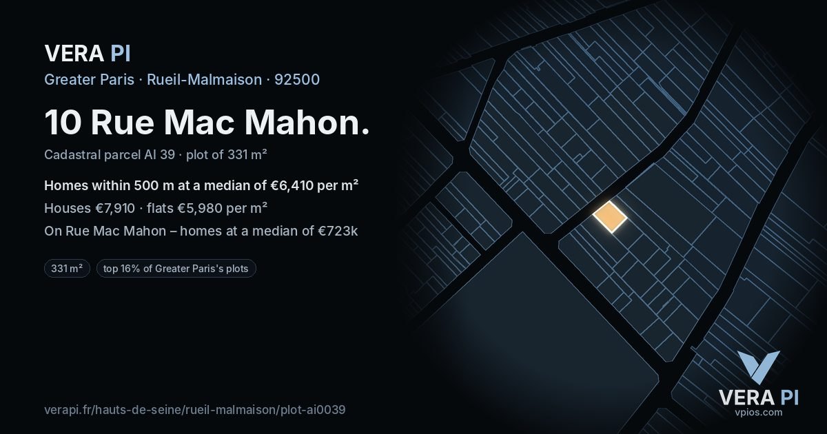 10 Rue Mac Mahon, Rueil-Malmaison at night – the plot lit, the parcels around coloured by the prices near them