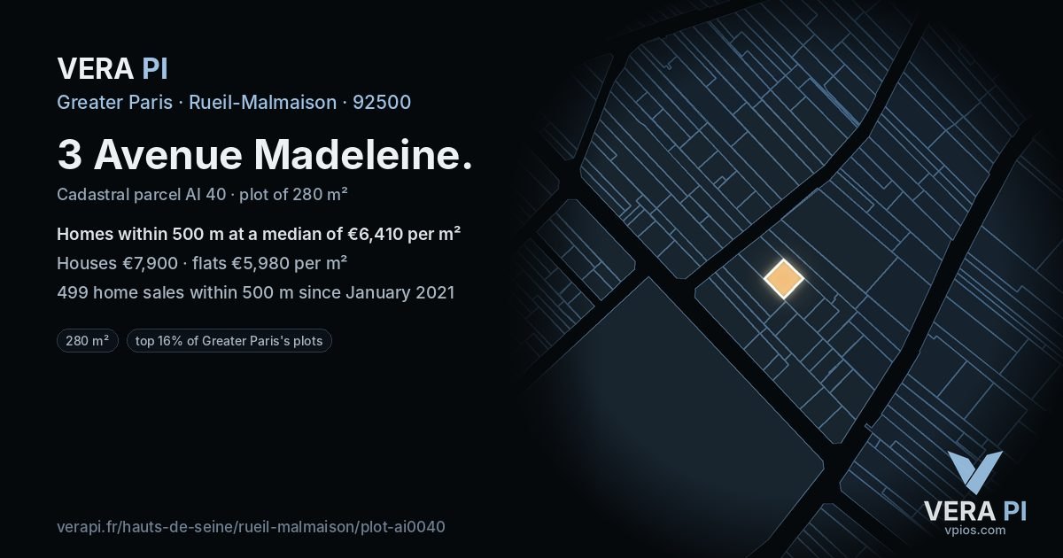 3 Avenue Madeleine, Rueil-Malmaison at night – the plot lit, the parcels around coloured by the prices near them