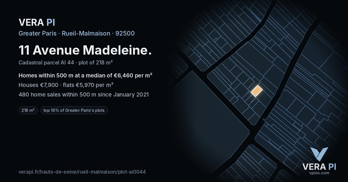 11 Avenue Madeleine, Rueil-Malmaison at night – the plot lit, the parcels around coloured by the prices near them