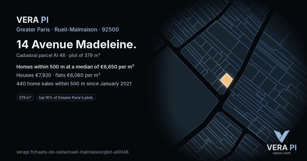 14 Avenue Madeleine, Rueil-Malmaison at night – the plot lit, the parcels around coloured by the prices near them
