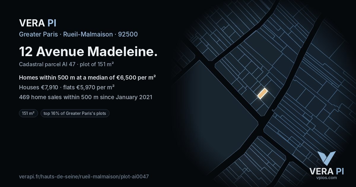 12 Avenue Madeleine, Rueil-Malmaison at night – the plot lit, the parcels around coloured by the prices near them