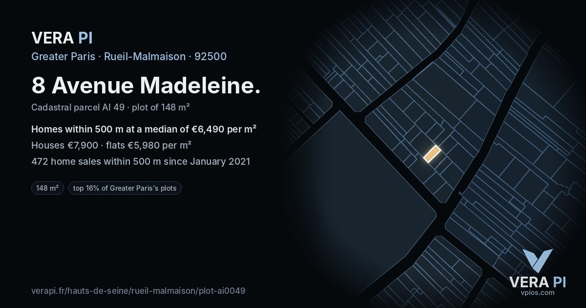8 Avenue Madeleine, Rueil-Malmaison at night – the plot lit, the parcels around coloured by the prices near them