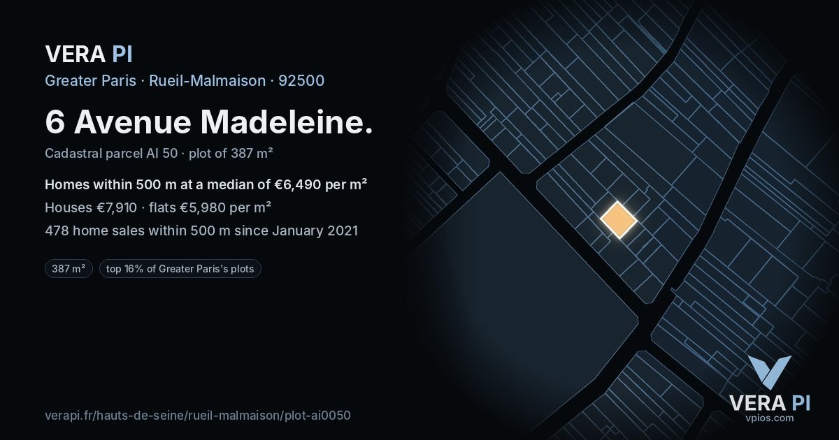 6 Avenue Madeleine, Rueil-Malmaison at night – the plot lit, the parcels around coloured by the prices near them