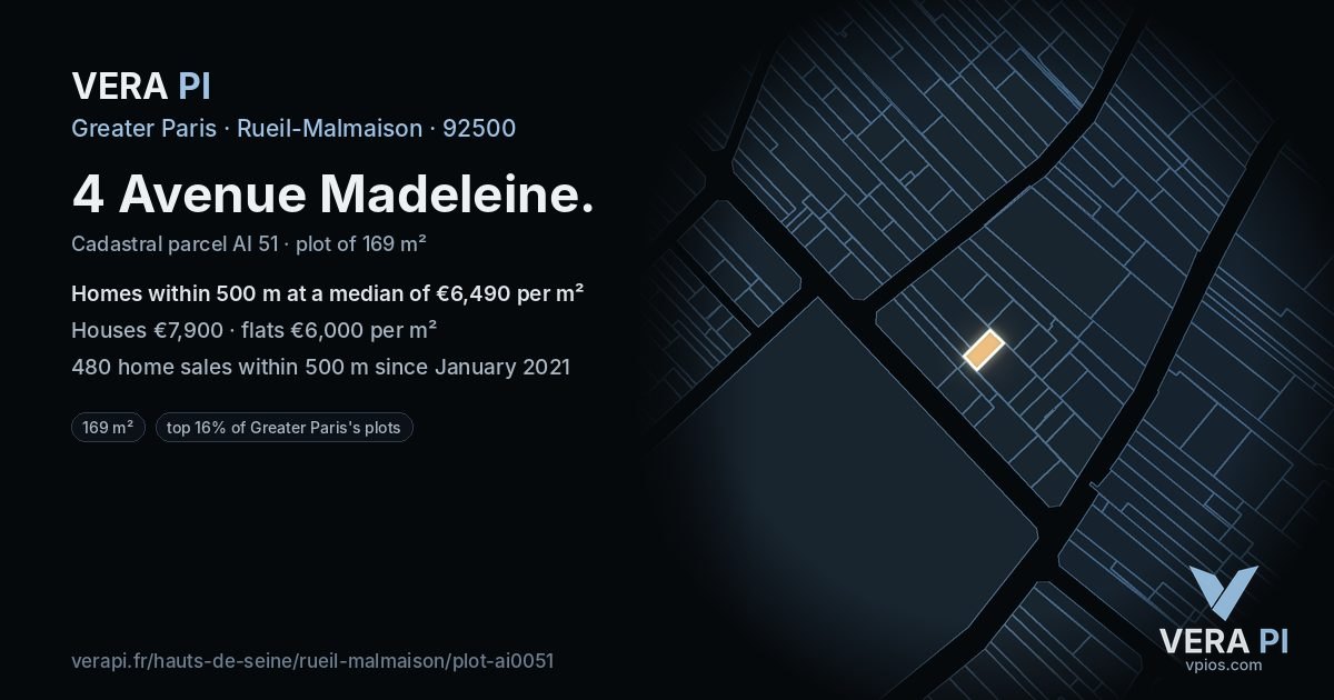 4 Avenue Madeleine, Rueil-Malmaison at night – the plot lit, the parcels around coloured by the prices near them