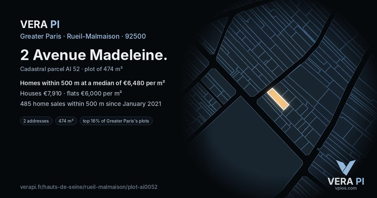 2 Avenue Madeleine, Rueil-Malmaison at night – the plot lit, the parcels around coloured by the prices near them