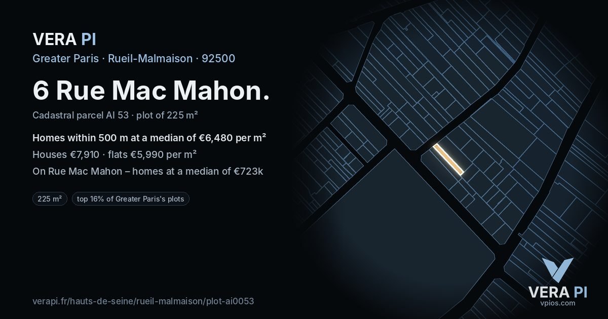6 Rue Mac Mahon, Rueil-Malmaison at night – the plot lit, the parcels around coloured by the prices near them