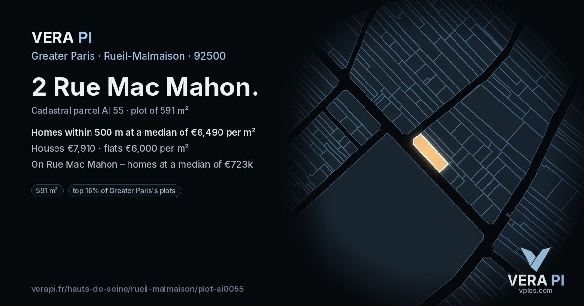 2 Rue Mac Mahon, Rueil-Malmaison at night – the plot lit, the parcels around coloured by the prices near them