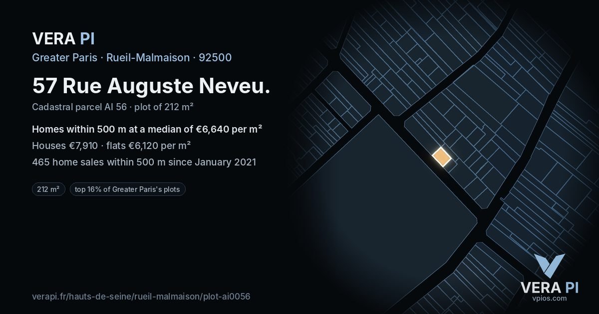 57 Rue Auguste Neveu, Rueil-Malmaison at night – the plot lit, the parcels around coloured by the prices near them