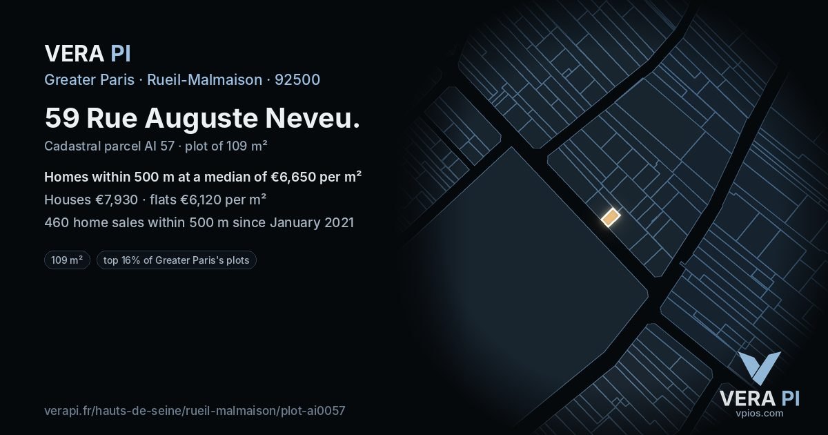59 Rue Auguste Neveu, Rueil-Malmaison at night – the plot lit, the parcels around coloured by the prices near them