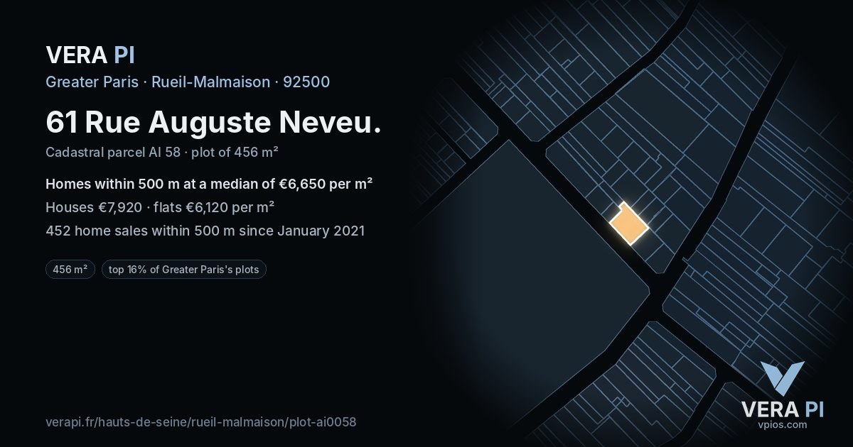 61 Rue Auguste Neveu, Rueil-Malmaison at night – the plot lit, the parcels around coloured by the prices near them