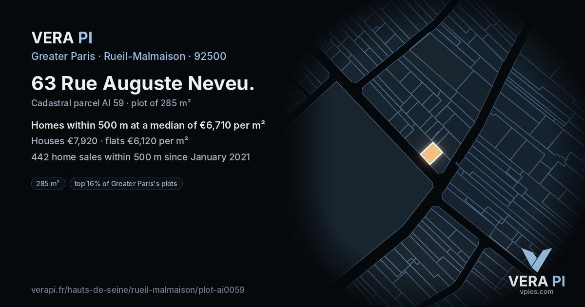 63 Rue Auguste Neveu, Rueil-Malmaison at night – the plot lit, the parcels around coloured by the prices near them