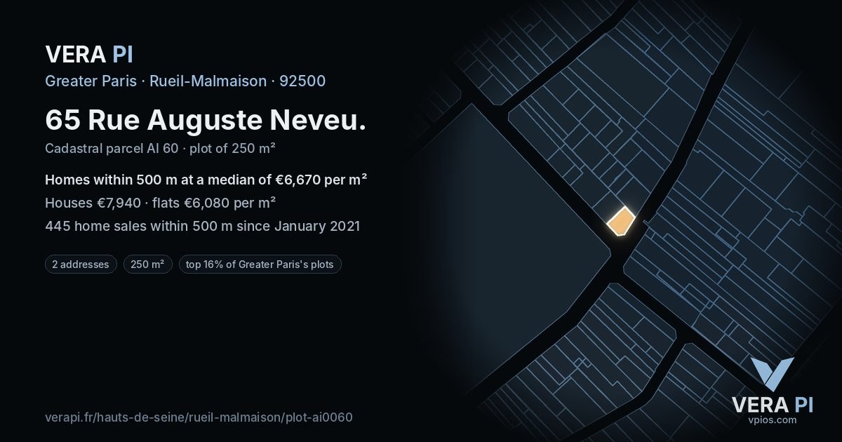 65 Rue Auguste Neveu, Rueil-Malmaison at night – the plot lit, the parcels around coloured by the prices near them