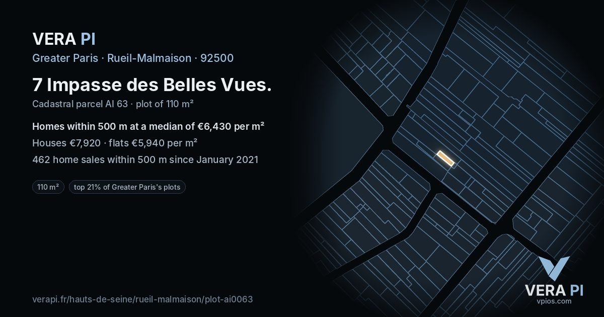 7 Impasse des Belles Vues, Rueil-Malmaison at night – the plot lit, the parcels around coloured by the prices near them