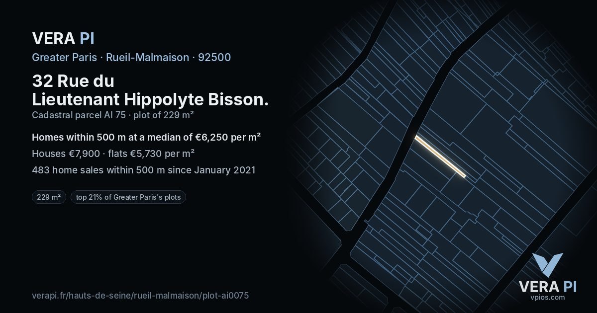 32 Rue du Lieutenant Hippolyte Bisson, Rueil-Malmaison at night – the plot lit, the parcels around coloured by the prices near them