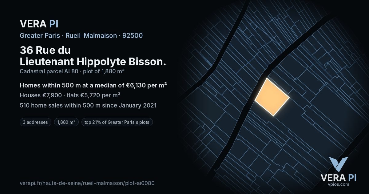 36 Rue du Lieutenant Hippolyte Bisson, Rueil-Malmaison at night – the plot lit, the parcels around coloured by the prices near them