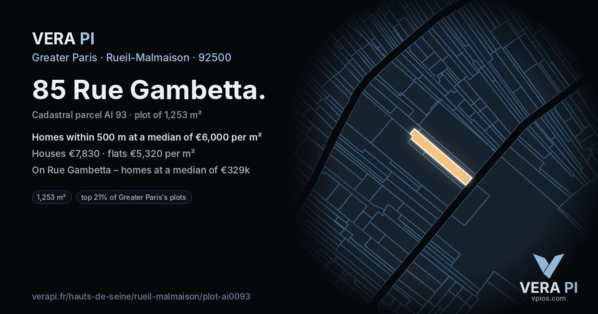 85 Rue Gambetta, Rueil-Malmaison at night – the plot lit, the parcels around coloured by the prices near them