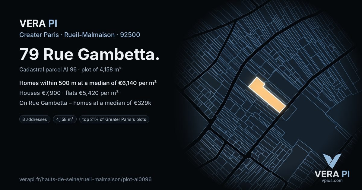79 Rue Gambetta, Rueil-Malmaison at night – the plot lit, the parcels around coloured by the prices near them