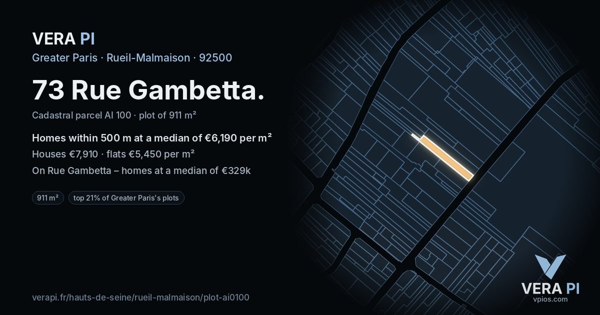 73 Rue Gambetta, Rueil-Malmaison at night – the plot lit, the parcels around coloured by the prices near them
