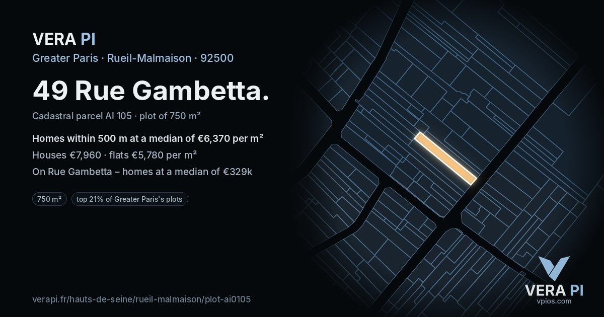 49 Rue Gambetta, Rueil-Malmaison at night – the plot lit, the parcels around coloured by the prices near them