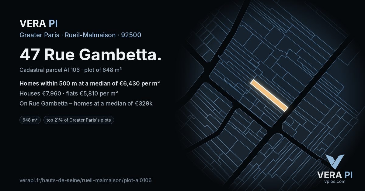 47 Rue Gambetta, Rueil-Malmaison at night – the plot lit, the parcels around coloured by the prices near them