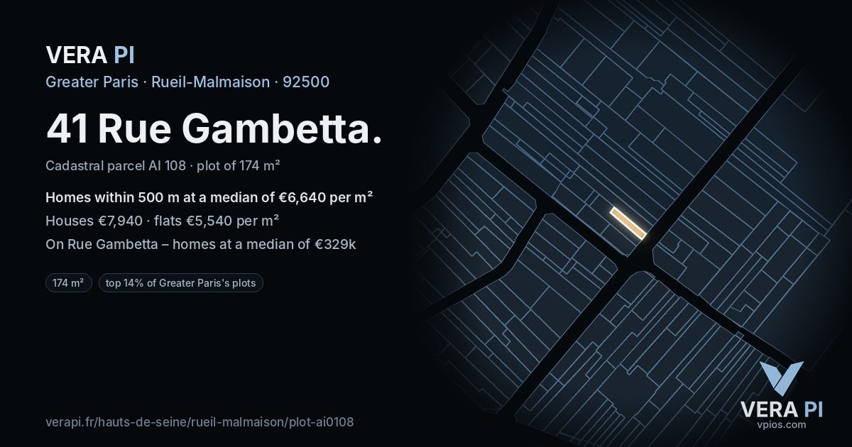 41 Rue Gambetta, Rueil-Malmaison at night – the plot lit, the parcels around coloured by the prices near them