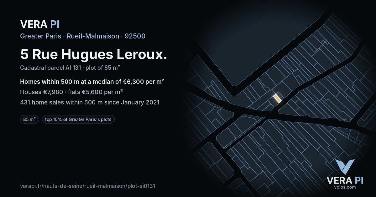 5 Rue Hugues Leroux, Rueil-Malmaison at night – the plot lit, the parcels around coloured by the prices near them