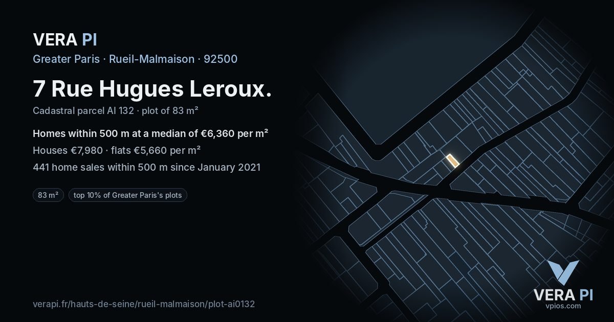 7 Rue Hugues Leroux, Rueil-Malmaison at night – the plot lit, the parcels around coloured by the prices near them