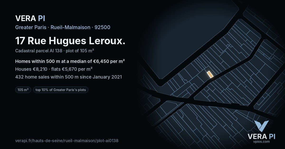 17 Rue Hugues Leroux, Rueil-Malmaison at night – the plot lit, the parcels around coloured by the prices near them