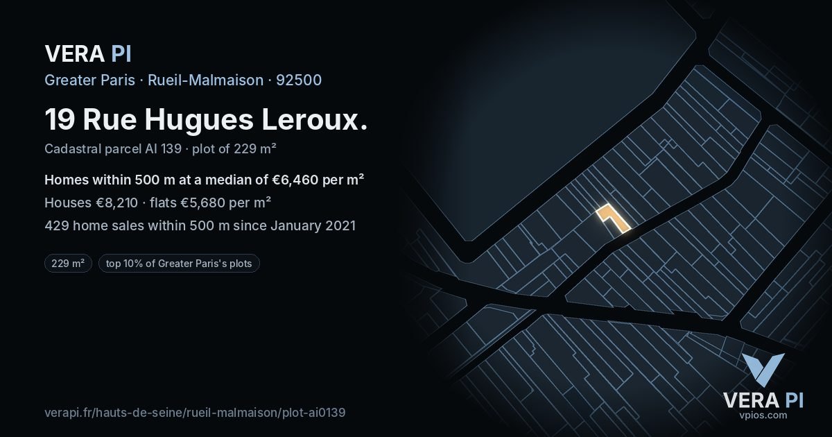 19 Rue Hugues Leroux, Rueil-Malmaison at night – the plot lit, the parcels around coloured by the prices near them