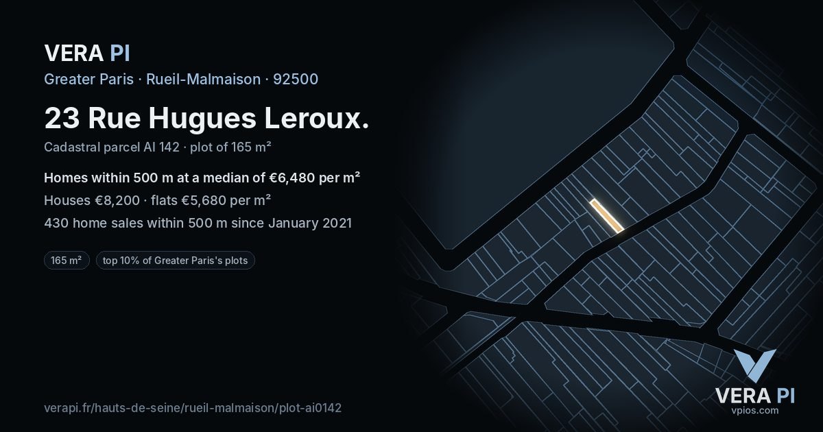 23 Rue Hugues Leroux, Rueil-Malmaison at night – the plot lit, the parcels around coloured by the prices near them