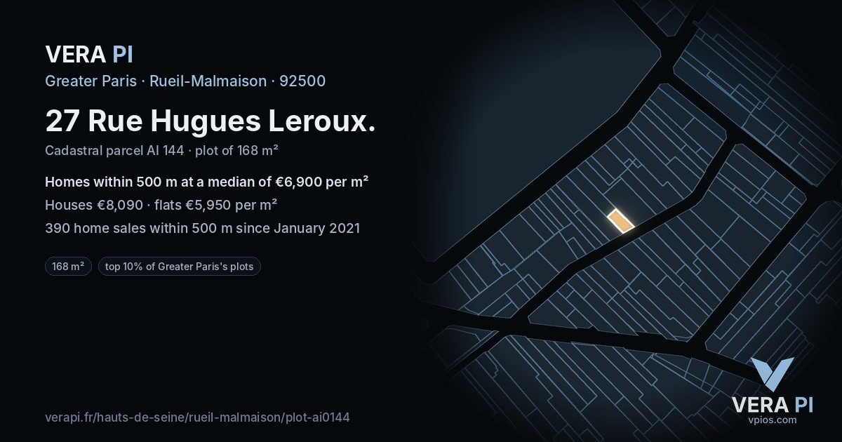 27 Rue Hugues Leroux, Rueil-Malmaison at night – the plot lit, the parcels around coloured by the prices near them