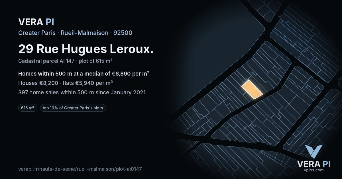 29 Rue Hugues Leroux, Rueil-Malmaison at night – the plot lit, the parcels around coloured by the prices near them