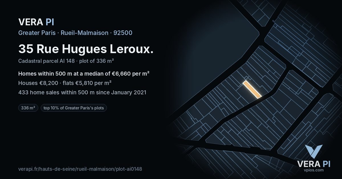 35 Rue Hugues Leroux, Rueil-Malmaison at night – the plot lit, the parcels around coloured by the prices near them