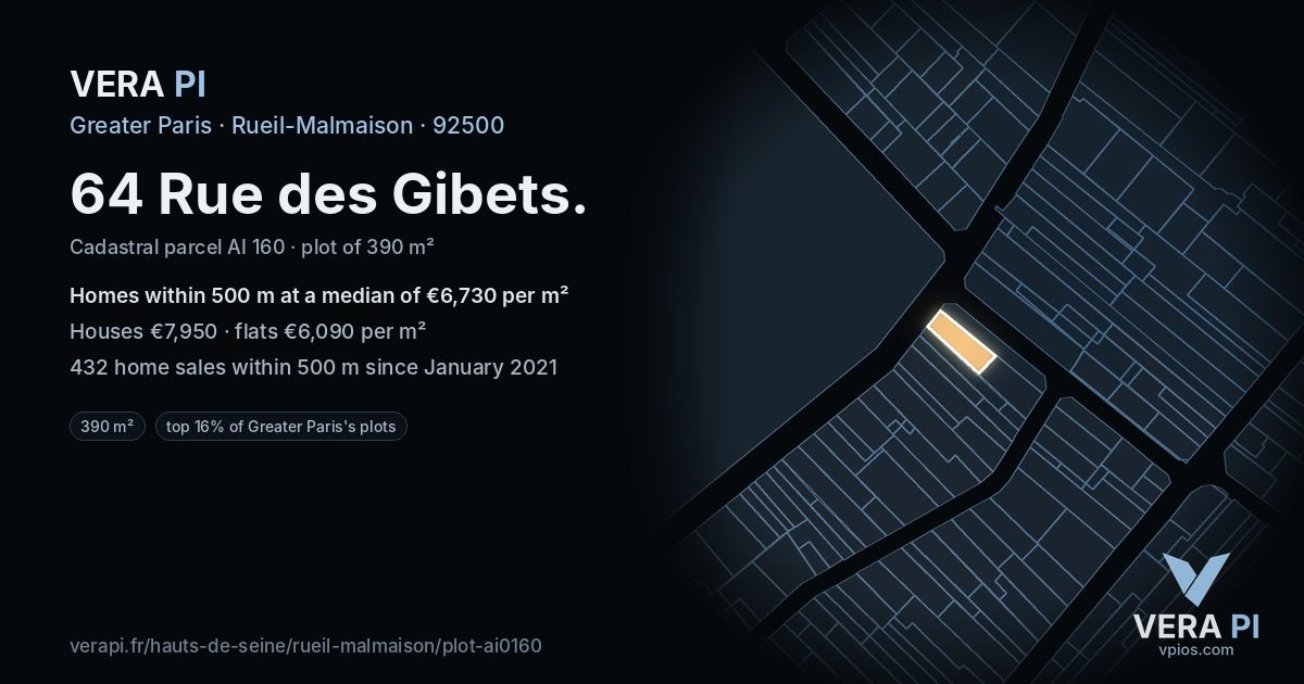 64 Rue des Gibets, Rueil-Malmaison at night – the plot lit, the parcels around coloured by the prices near them