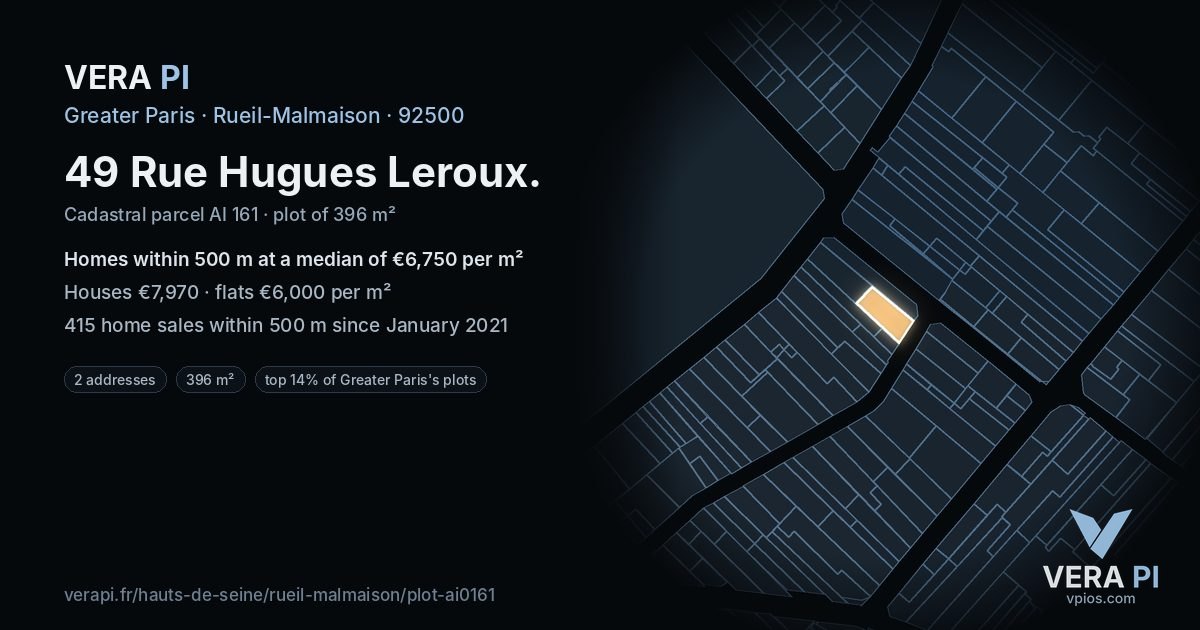 49 Rue Hugues Leroux, Rueil-Malmaison at night – the plot lit, the parcels around coloured by the prices near them