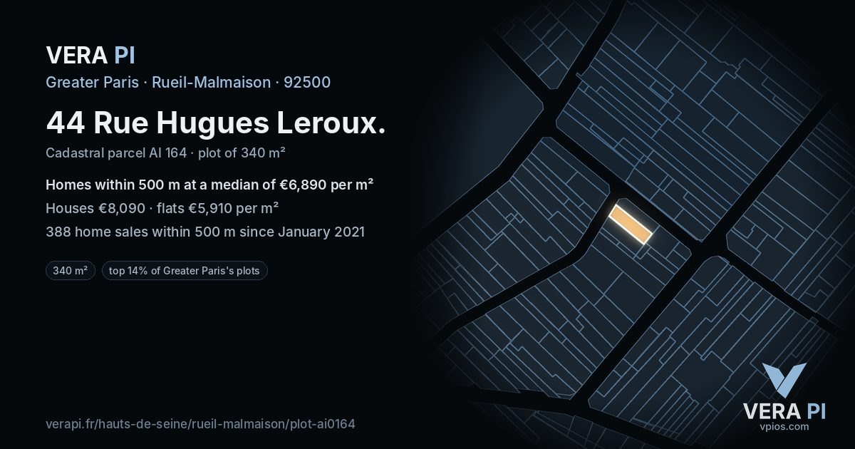 44 Rue Hugues Leroux, Rueil-Malmaison at night – the plot lit, the parcels around coloured by the prices near them