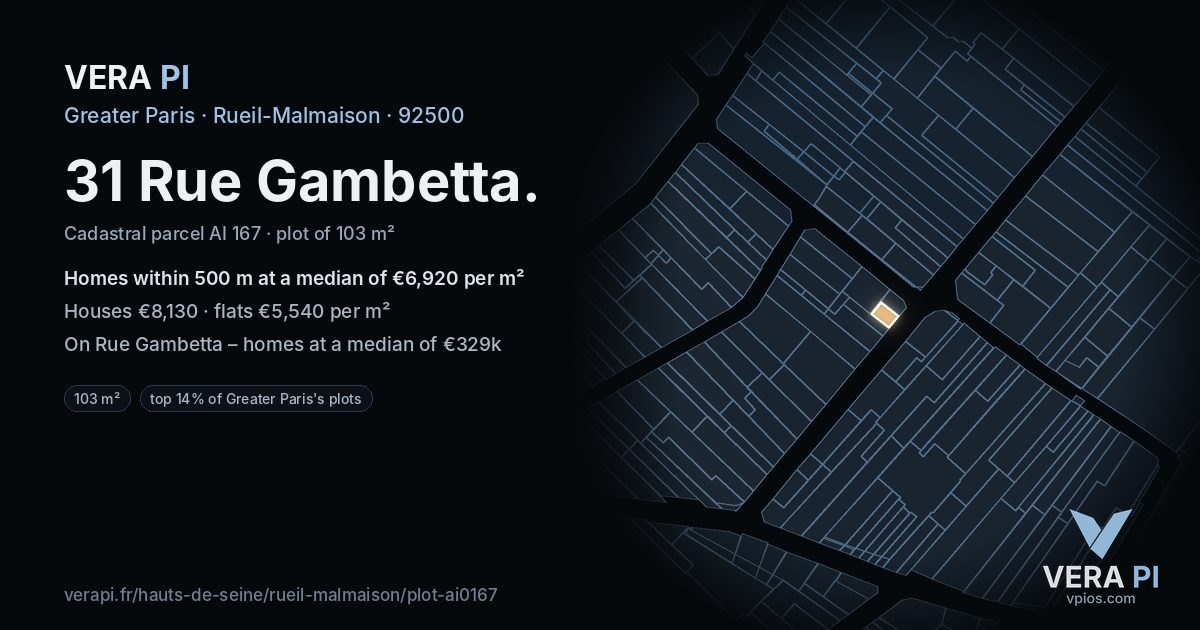 31 Rue Gambetta, Rueil-Malmaison at night – the plot lit, the parcels around coloured by the prices near them