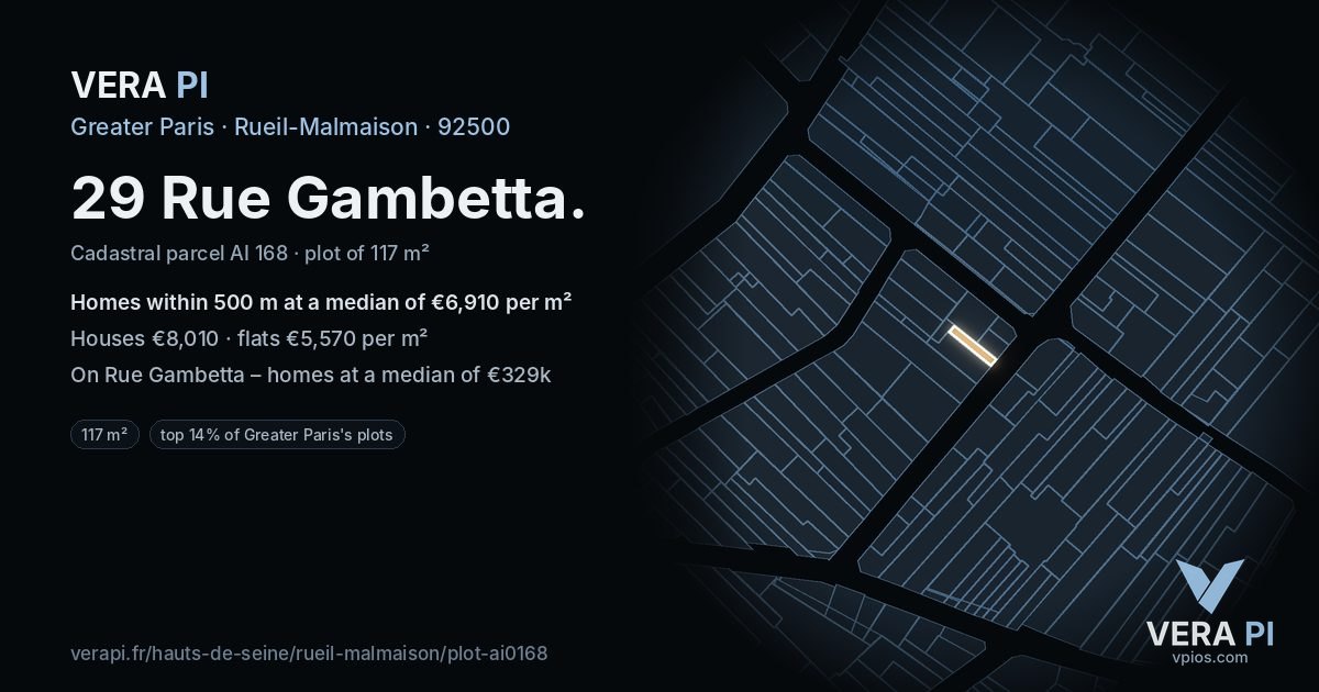 29 Rue Gambetta, Rueil-Malmaison at night – the plot lit, the parcels around coloured by the prices near them