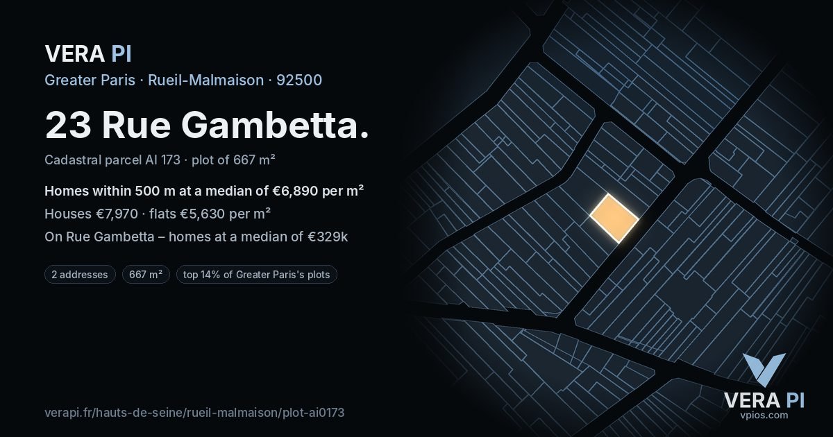 23 Rue Gambetta, Rueil-Malmaison at night – the plot lit, the parcels around coloured by the prices near them