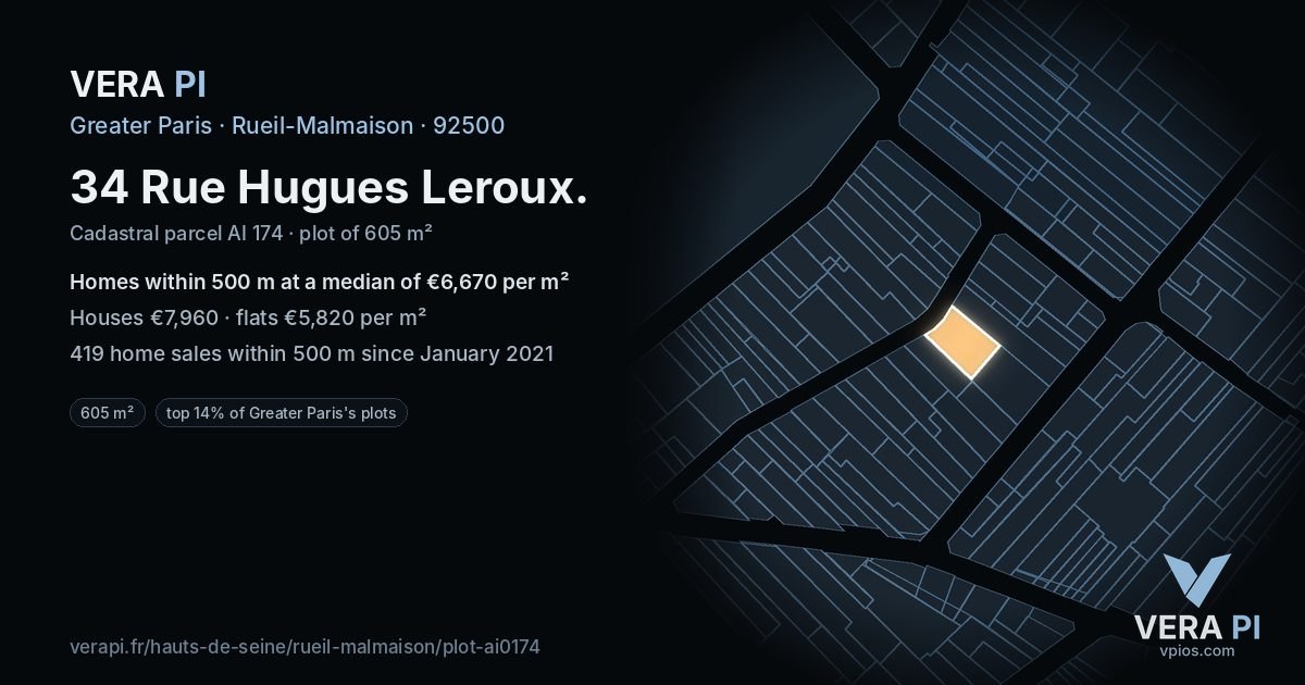 34 Rue Hugues Leroux, Rueil-Malmaison at night – the plot lit, the parcels around coloured by the prices near them