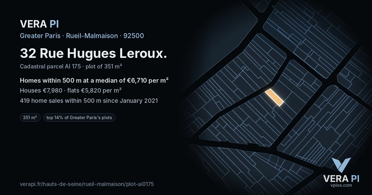 32 Rue Hugues Leroux, Rueil-Malmaison at night – the plot lit, the parcels around coloured by the prices near them