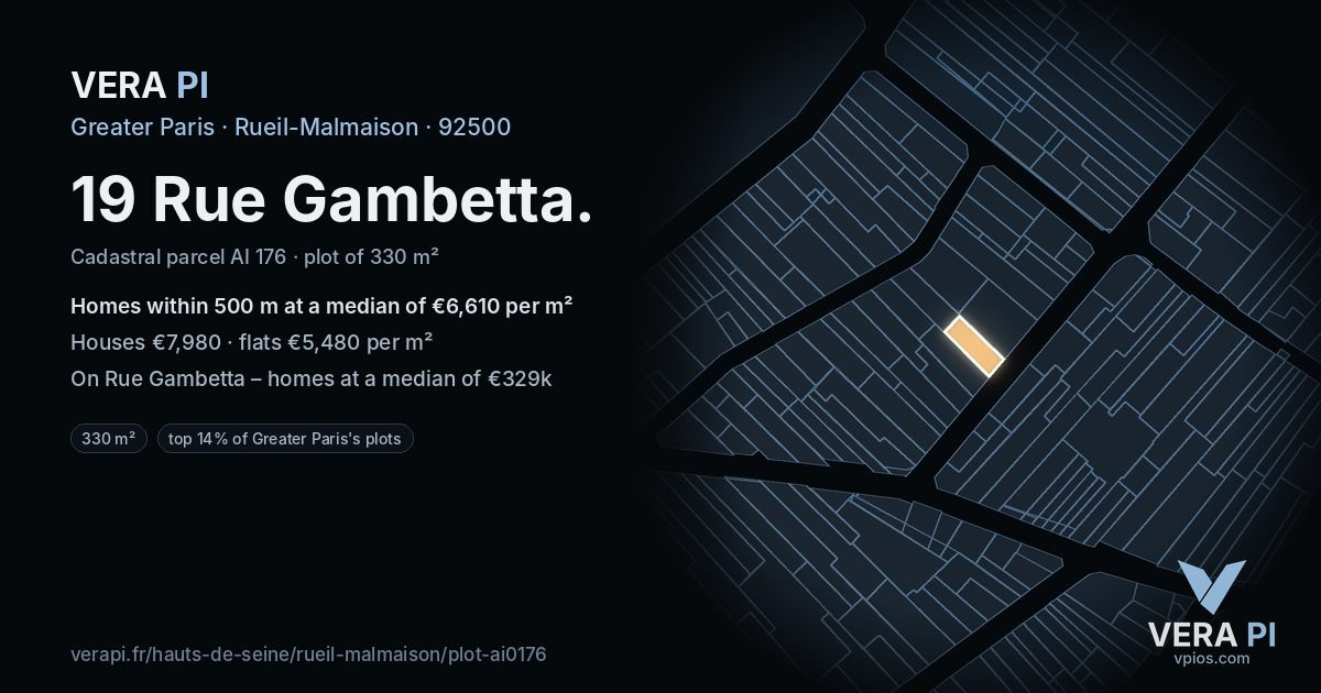 19 Rue Gambetta, Rueil-Malmaison at night – the plot lit, the parcels around coloured by the prices near them