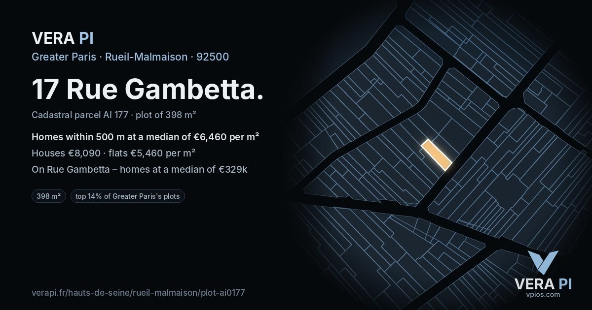 17 Rue Gambetta, Rueil-Malmaison at night – the plot lit, the parcels around coloured by the prices near them