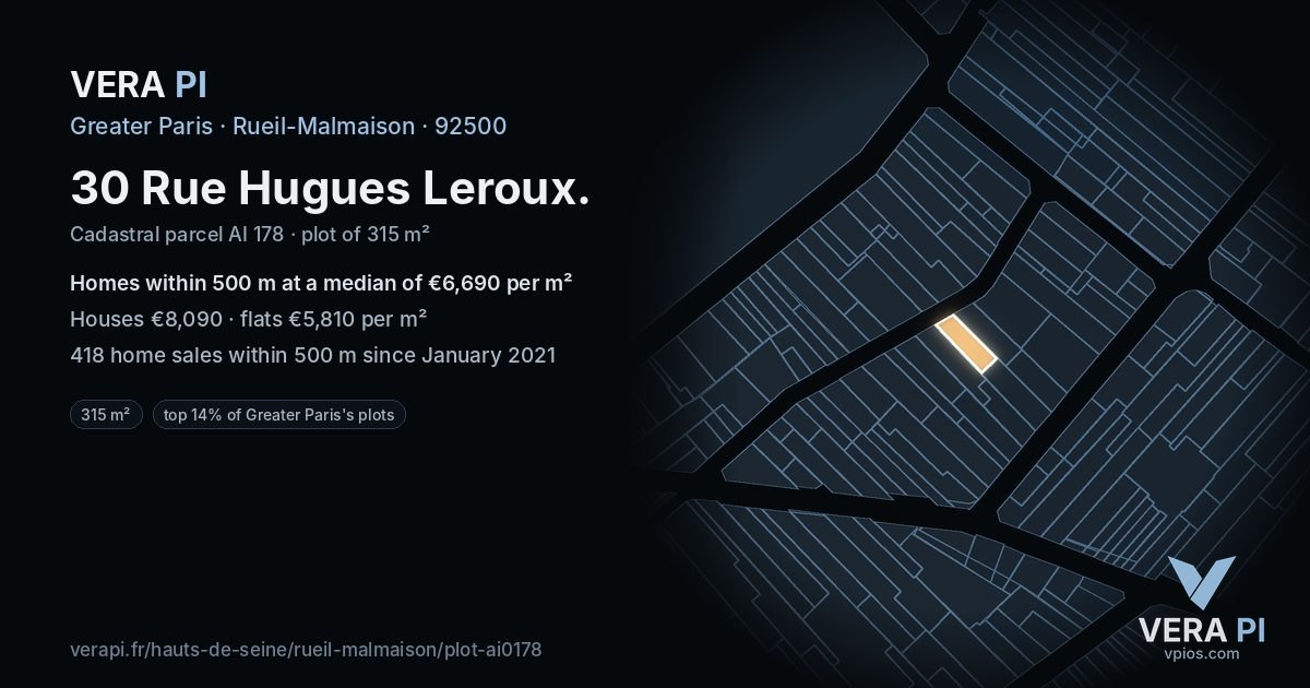 30 Rue Hugues Leroux, Rueil-Malmaison at night – the plot lit, the parcels around coloured by the prices near them