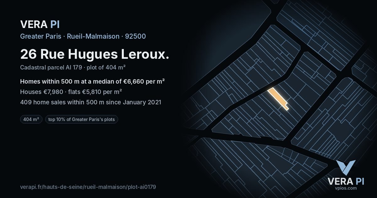 26 Rue Hugues Leroux, Rueil-Malmaison at night – the plot lit, the parcels around coloured by the prices near them