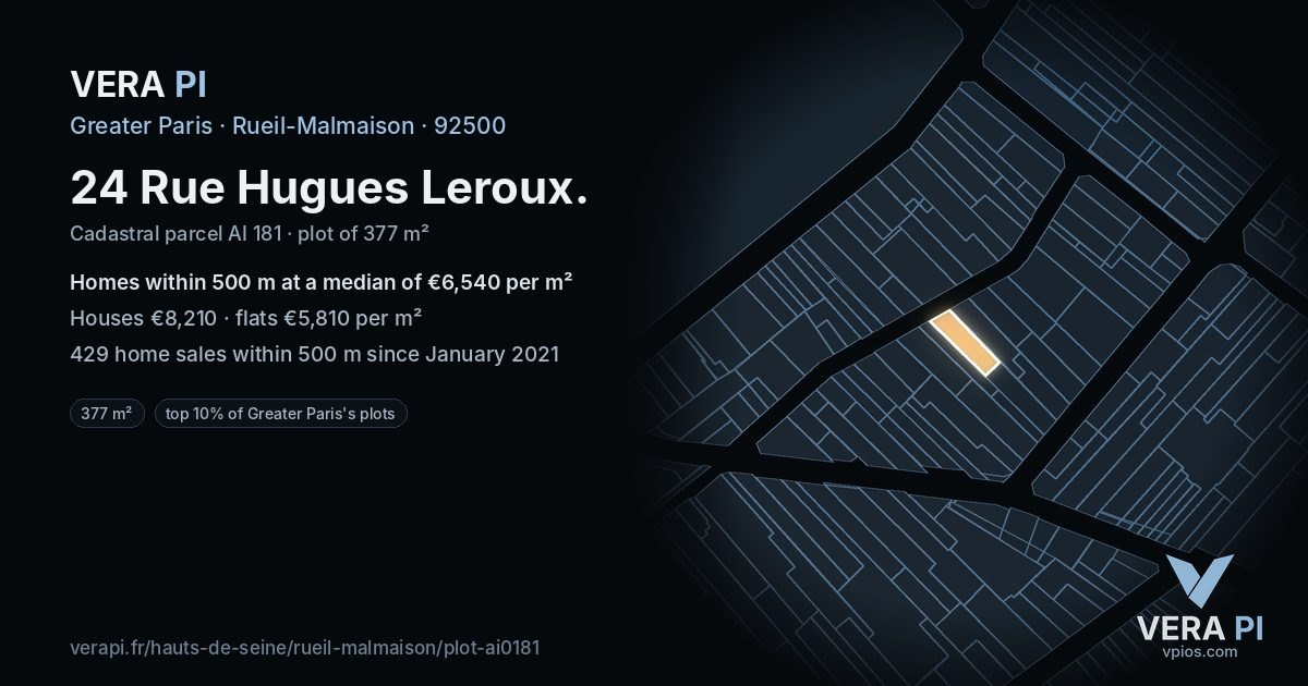 24 Rue Hugues Leroux, Rueil-Malmaison at night – the plot lit, the parcels around coloured by the prices near them