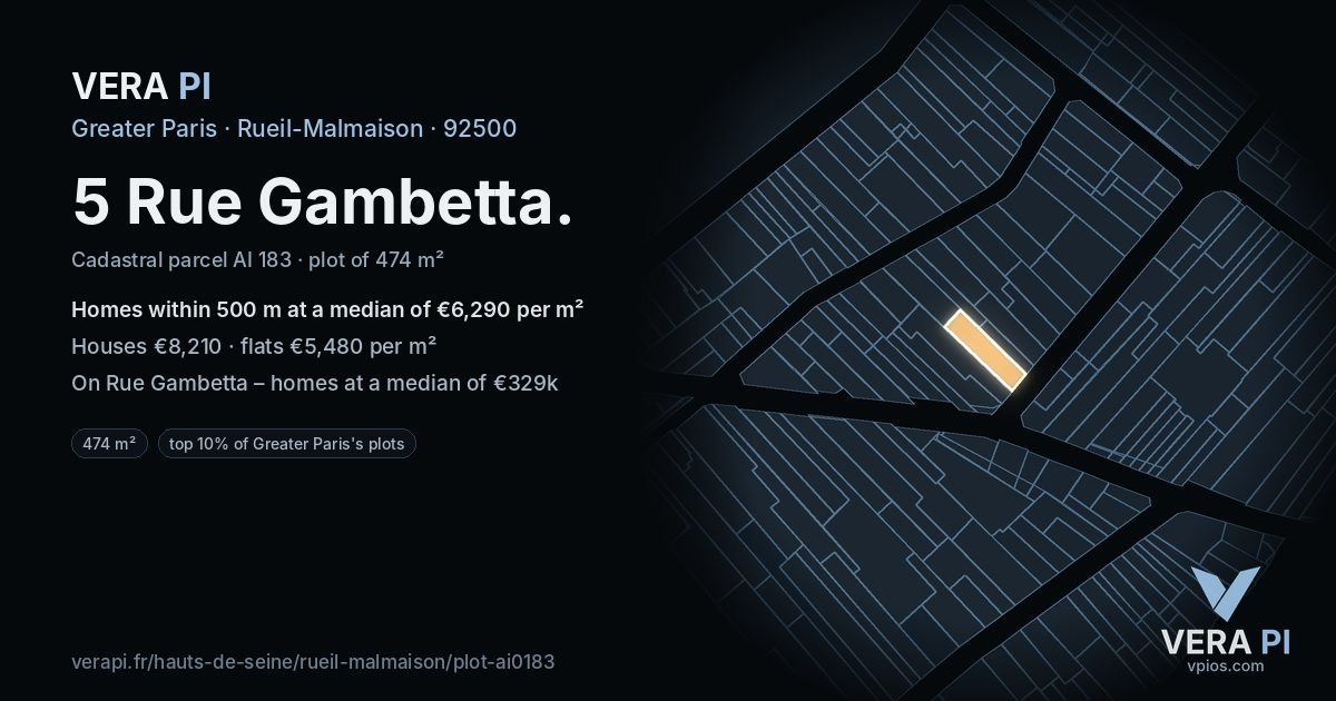 5 Rue Gambetta, Rueil-Malmaison at night – the plot lit, the parcels around coloured by the prices near them